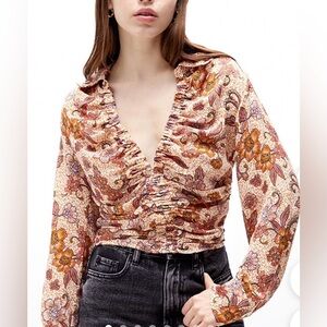 Free People Floral Ruched Blouse - Orange and Brown S